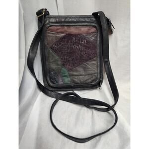 Vintage 80s 90s Leather Black Multi Color Patchwork Small Crossbody Bag Purse